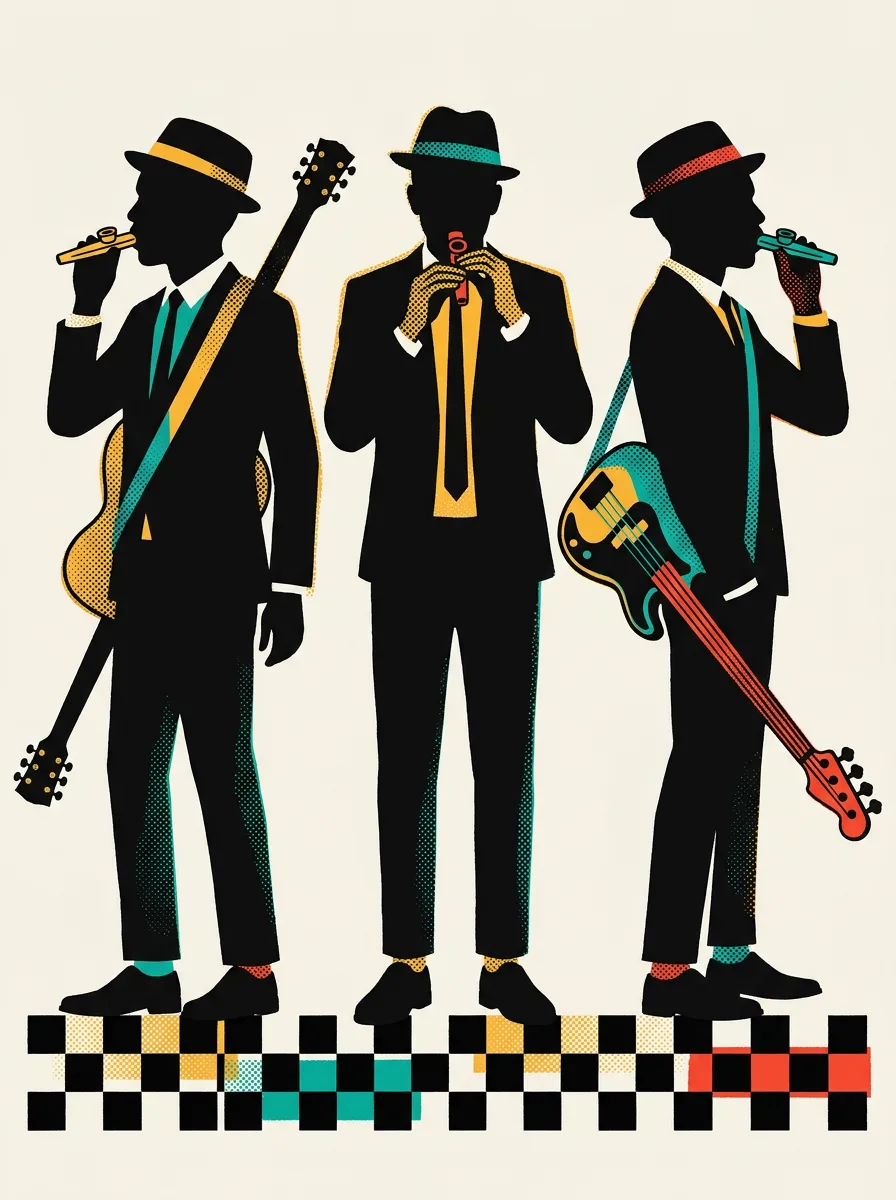 Three rude boys in suits and pork pie hats on a checkerboard floor, each playing a kazoo, with a guitar and a bass slung over their shoulders.