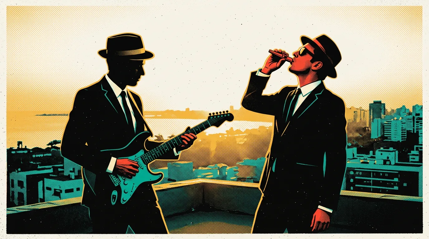 Two musicians in suits and pork pie hats on a Montevideo rooftop at golden hour, one on guitar and one playing a kazoo, the Rio de la Plata behind them.